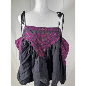 Free People Embroidered Cold Shoulder Blouse Black Pink Purple Geometric Size M
